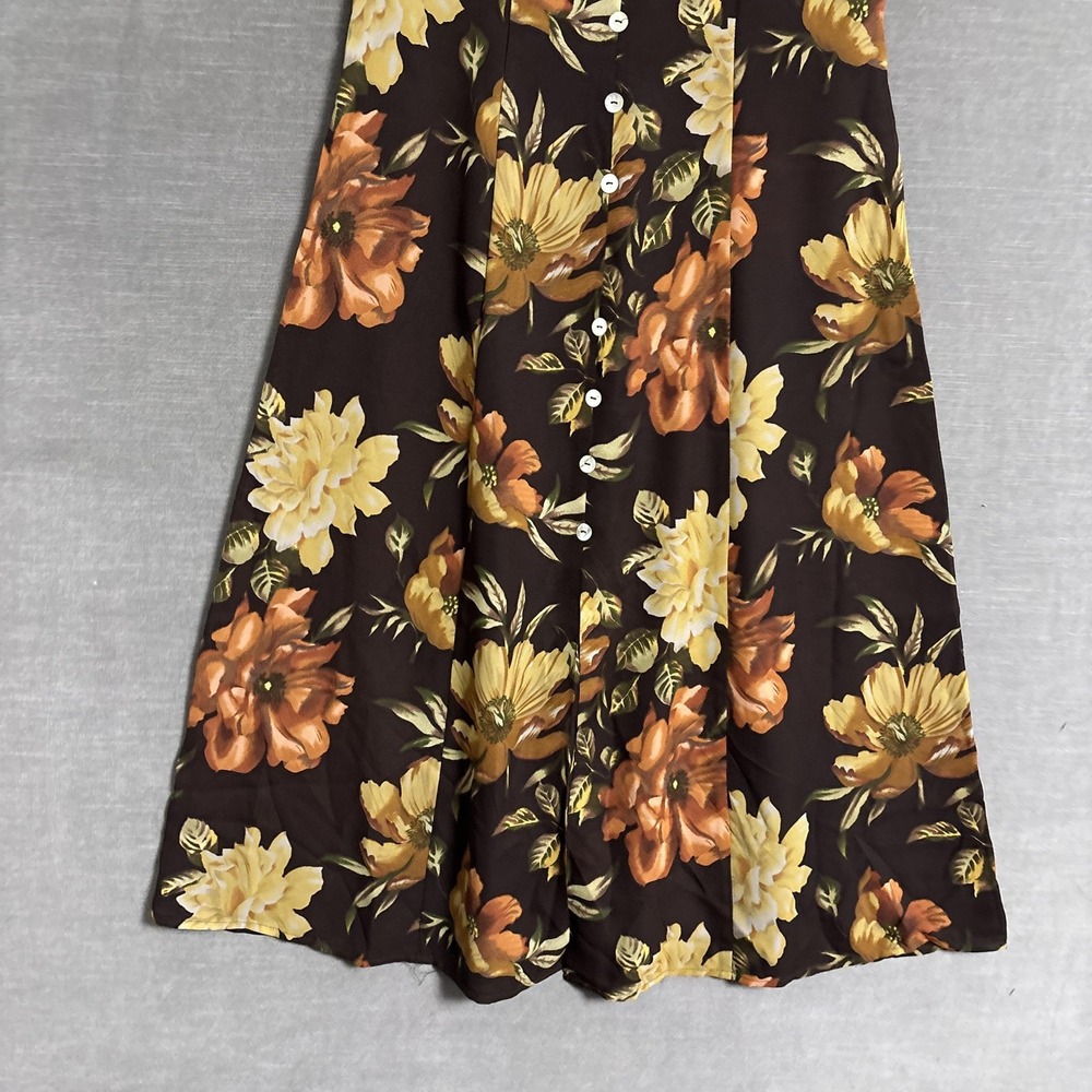 Vintage Petite Sophisticate Dress L Petite Brown Yellow Floral A Line Midi 90s - Picture 5 of 9